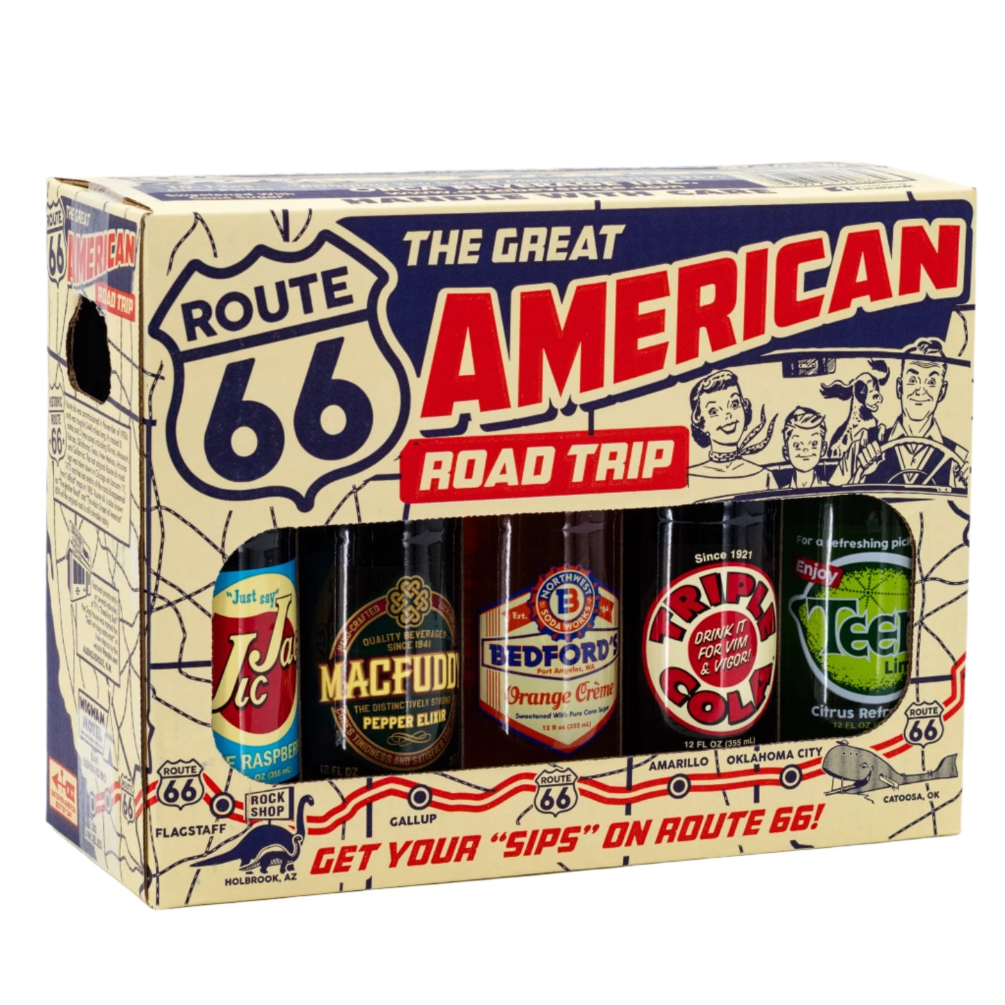 Six vintage soda bottles from The Great American Road Trip 10 pack by Brenmar, featuring five different flavors.