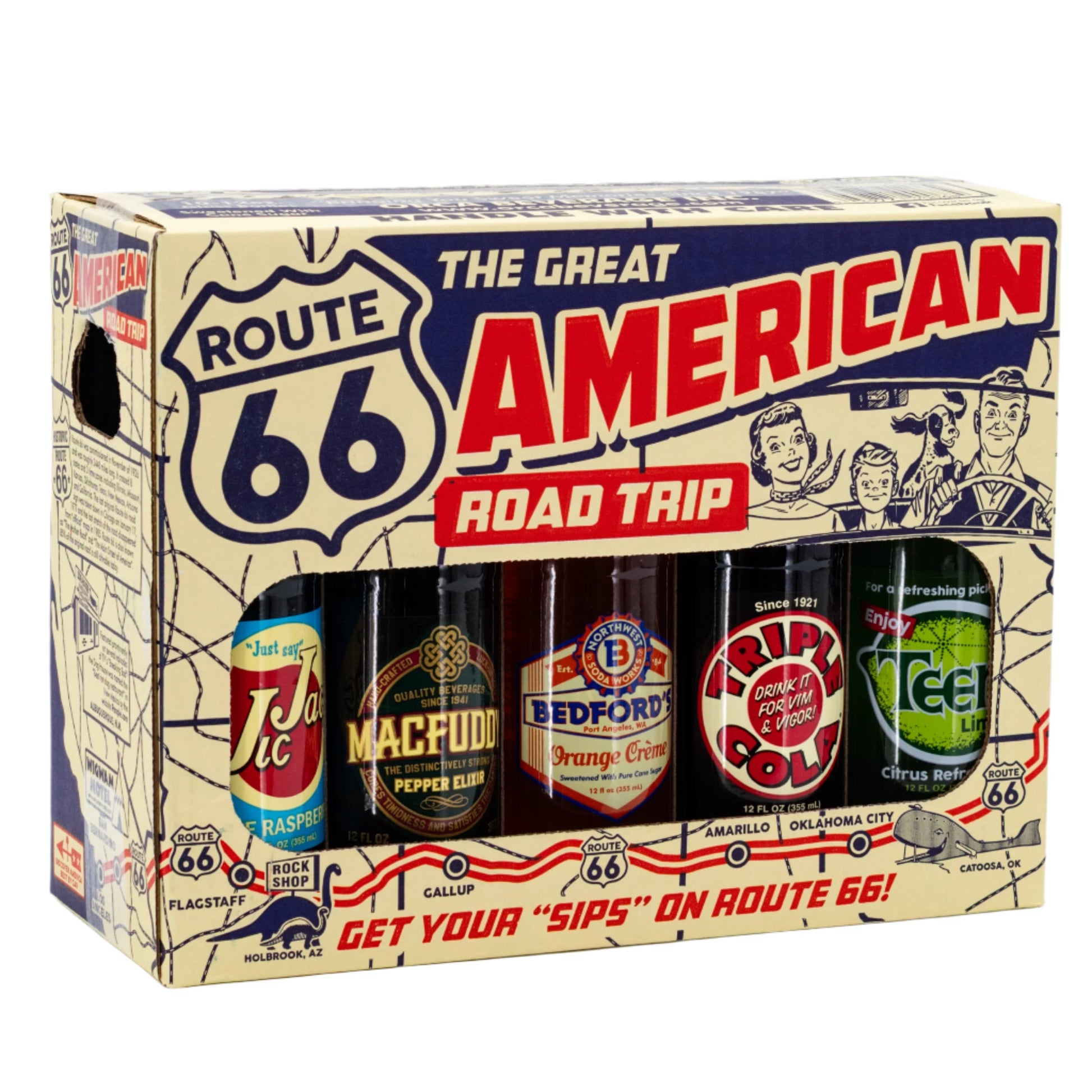 Six vintage soda bottles from The Great American Road Trip 10 pack by Brenmar, featuring five different flavors.
