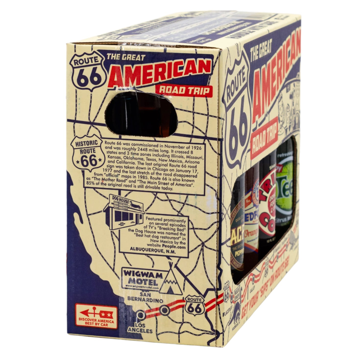 Vintage soda pack featuring six bottles from The Great American Road Trip series by Brenmar, showcasing colorful labels and retro design.