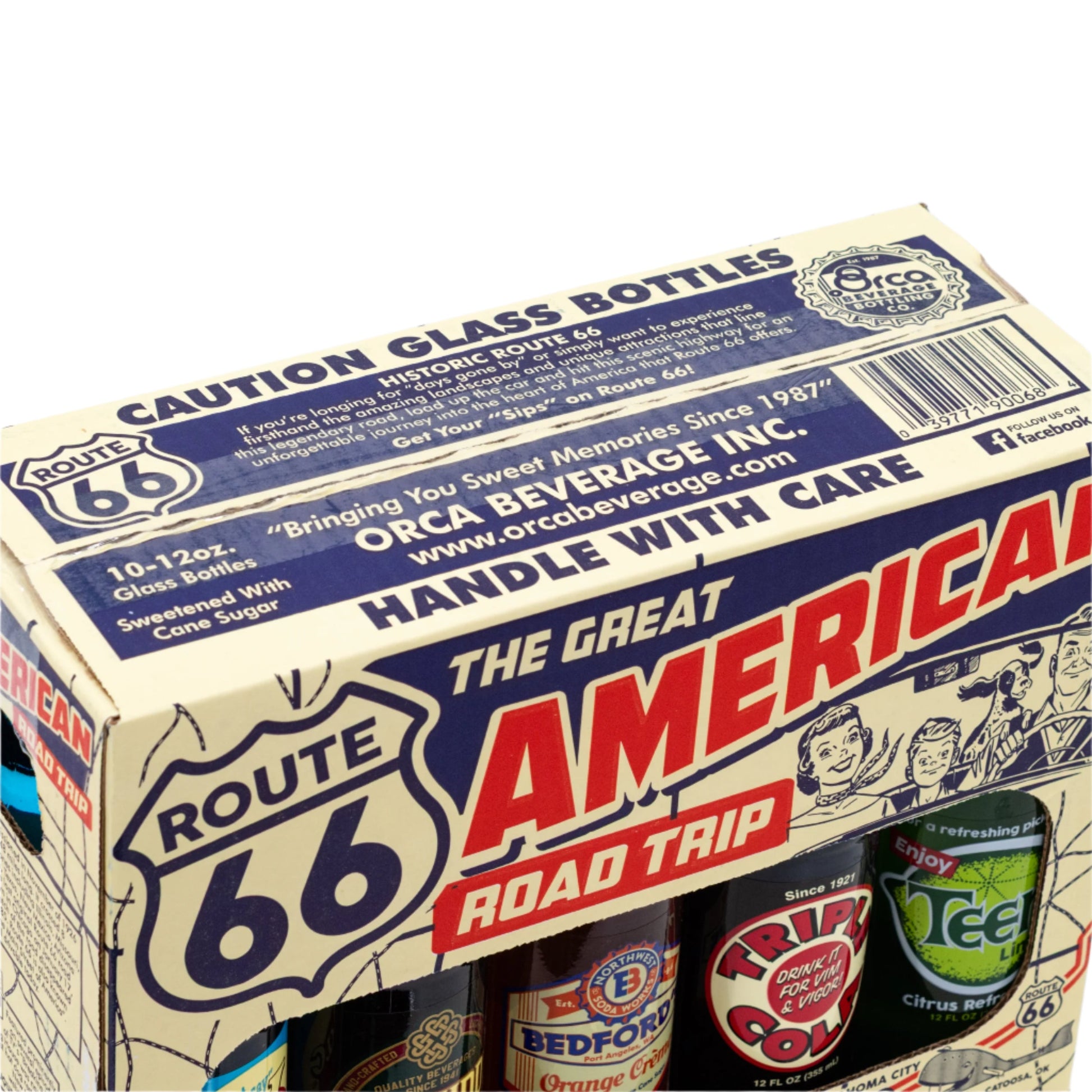 Six vintage soda bottles from Brenmar's Great American Road Trip 10 pack featuring five classic flavors, displayed on a rustic table.