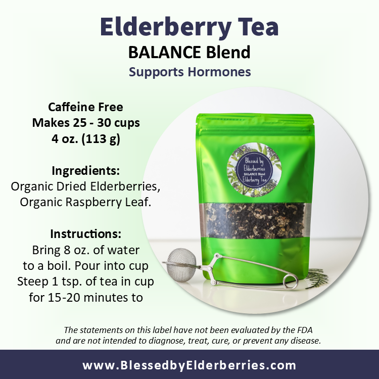 Balance Blend Elderberry tea by Blessed by Elderberries, featuring a bag of herbal tea with elderberries and natural ingredients.