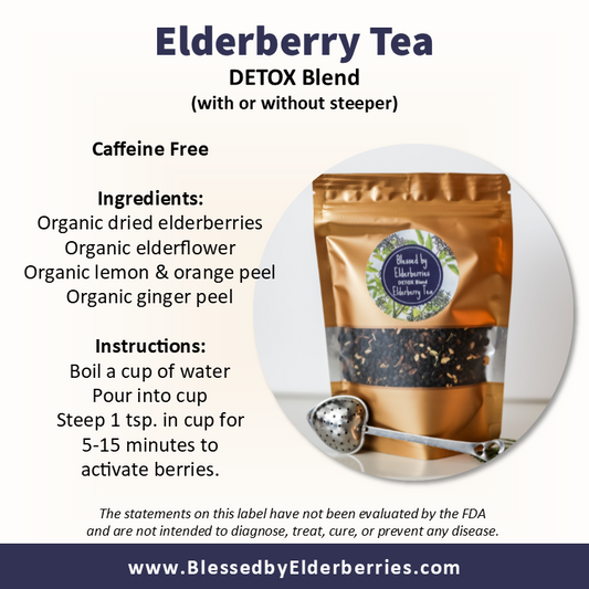 Dried elderberries and herbal ingredients in a detox blend tea by Blessed by Elderberries, perfect for immune support.