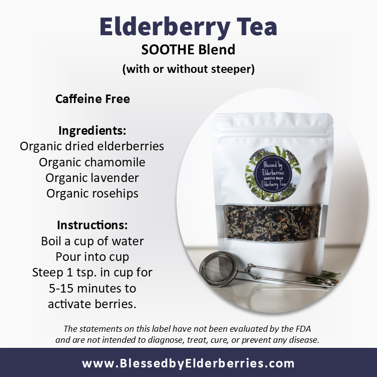 Blooming elderberry tea with herbs in a clear cup, showcasing Soothe Blend Elderberry Tea by Blessed by Elderberries.
