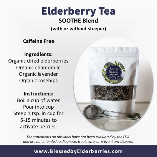 Blooming elderberry tea with herbs in a clear cup, showcasing Soothe Blend Elderberry Tea by Blessed by Elderberries.