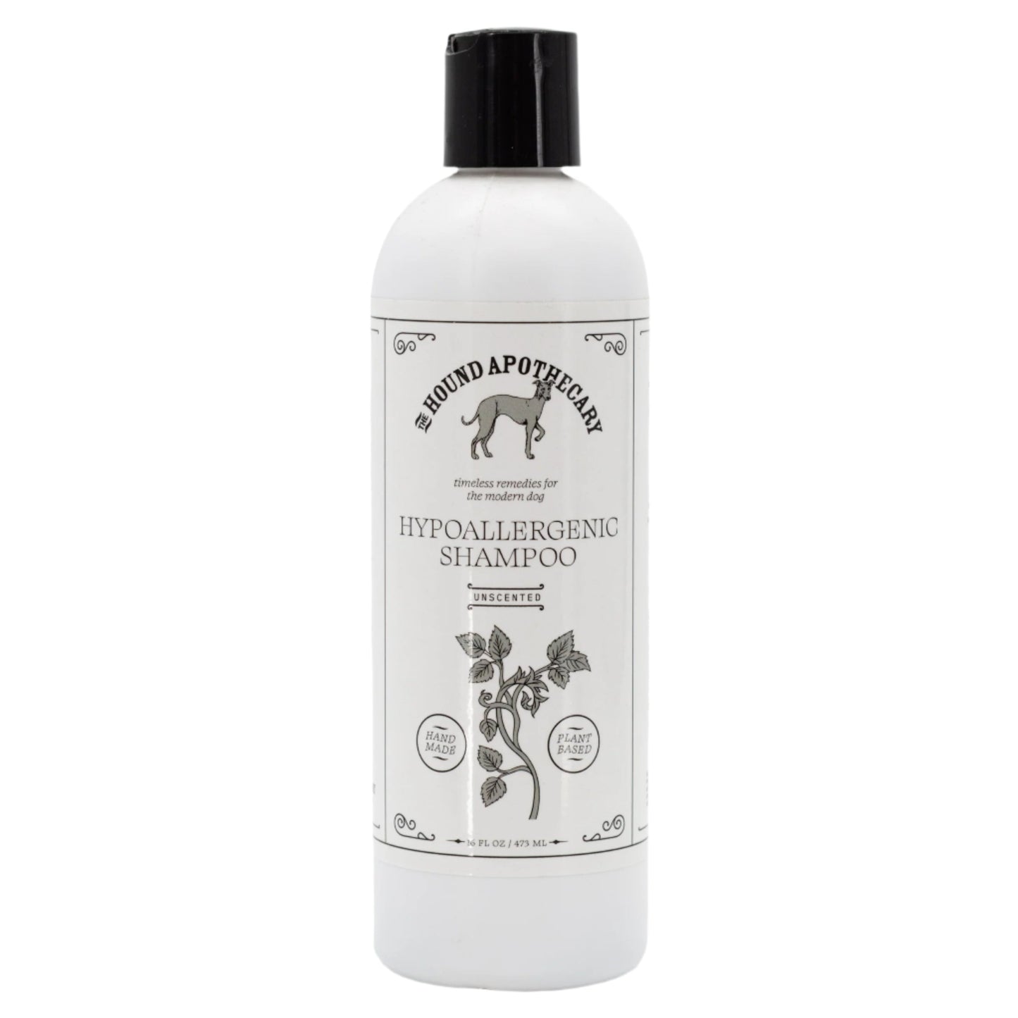 Unscented hypoallergenic dog shampoo in 16 oz bottle from The Hound Apothecary, suitable for pets with sensitive skin.