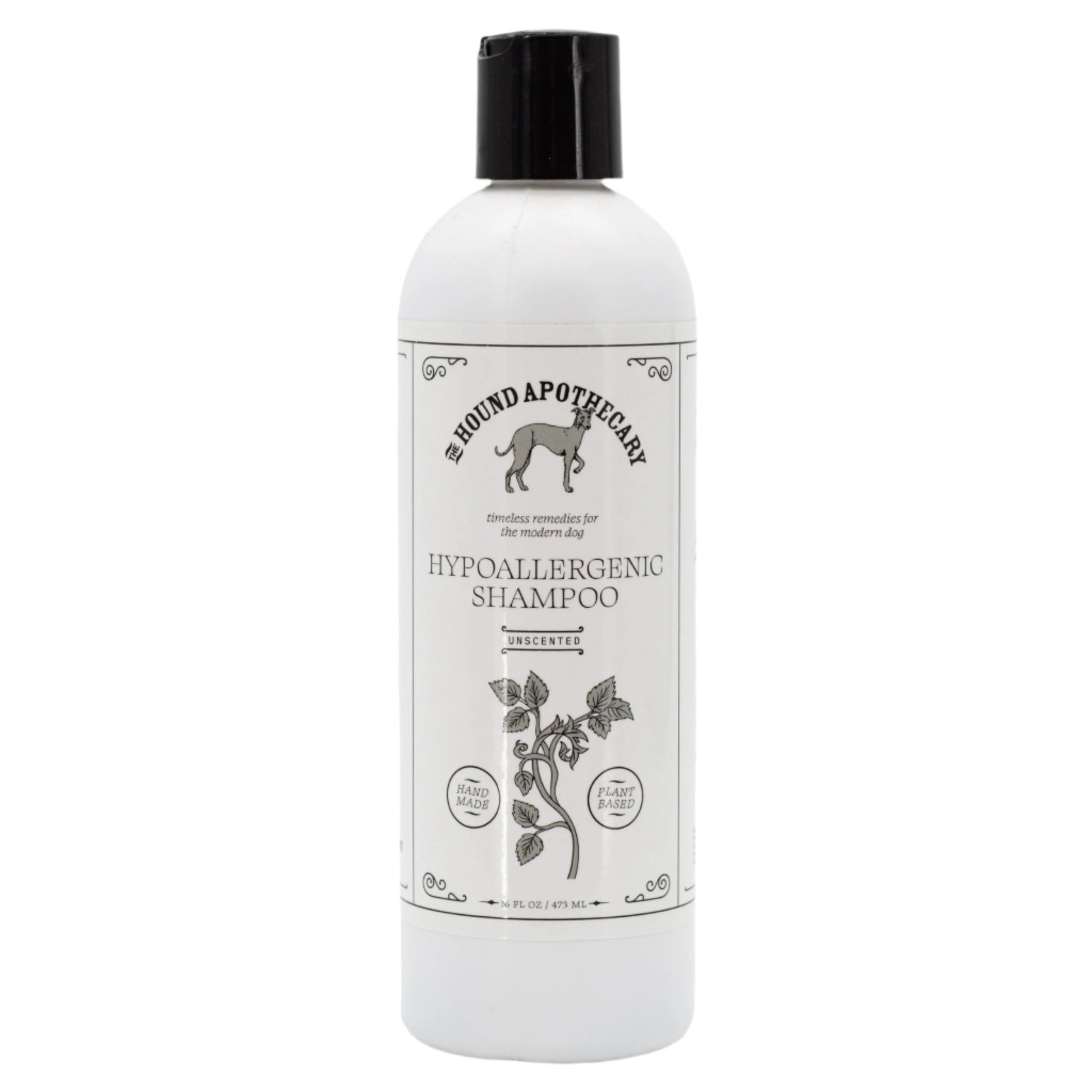 Unscented hypoallergenic dog shampoo in 16 oz bottle from The Hound Apothecary, suitable for pets with sensitive skin.