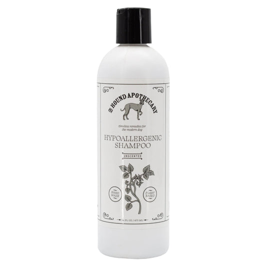 Unscented hypoallergenic dog shampoo bottle from The Hound Apothecary, 16 oz, gentle pet grooming product for sensitive skin.