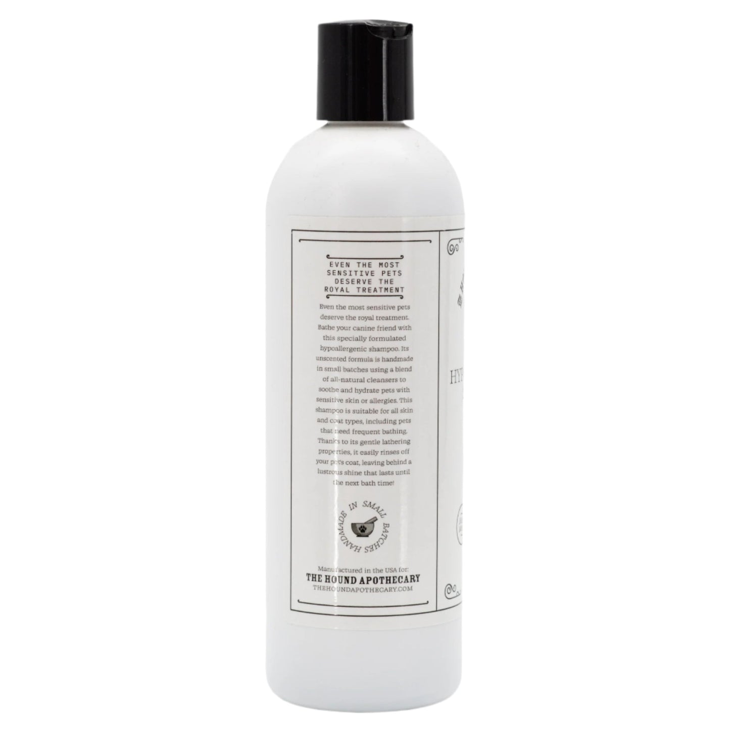 Unscented hypoallergenic dog shampoo in a 16 oz bottle, gentle pet grooming product from The Hound Apothecary.