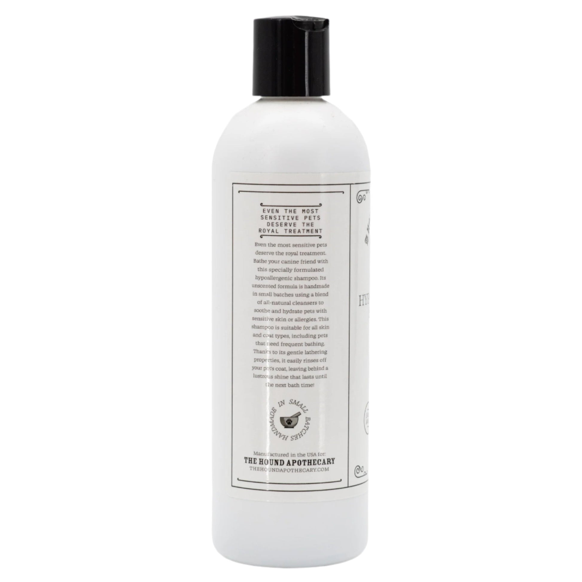 Unscented hypoallergenic dog shampoo in a 16 oz bottle, gentle pet grooming product from The Hound Apothecary.