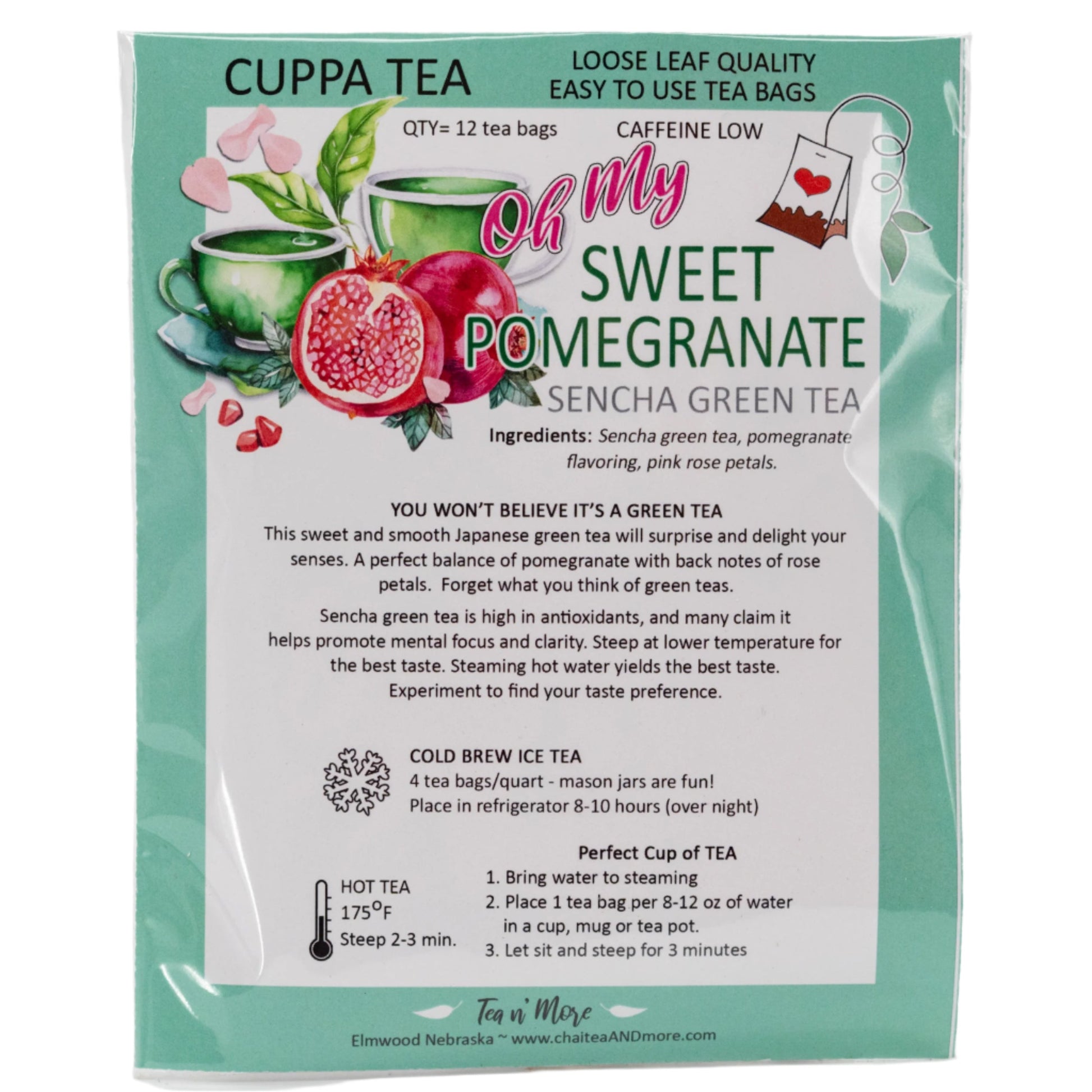 Sweet pomegranate and sencha green tea beverage in a box of 12 caffeinated tea bags from Tea n More.