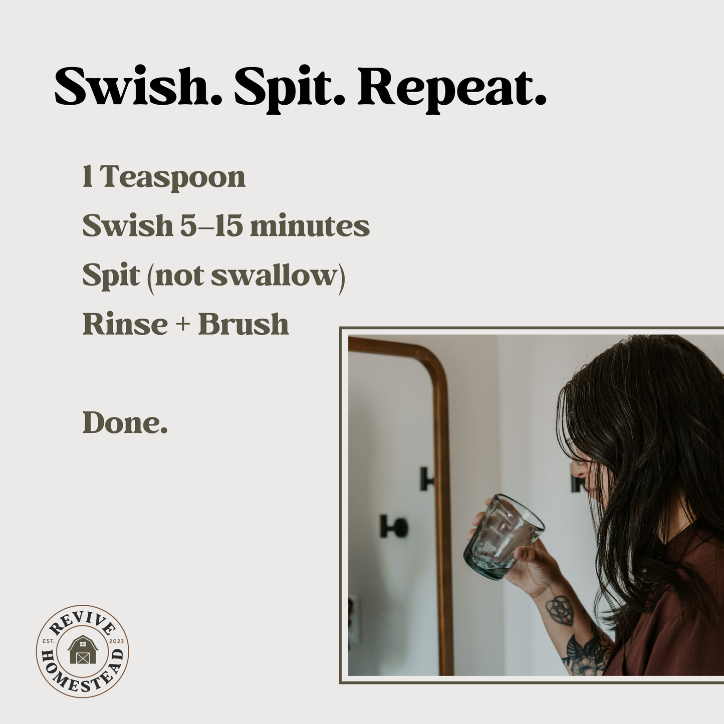 Revive Homestead oil pulling solution in a clear bottle with a dropper, designed for oral health and natural detox.