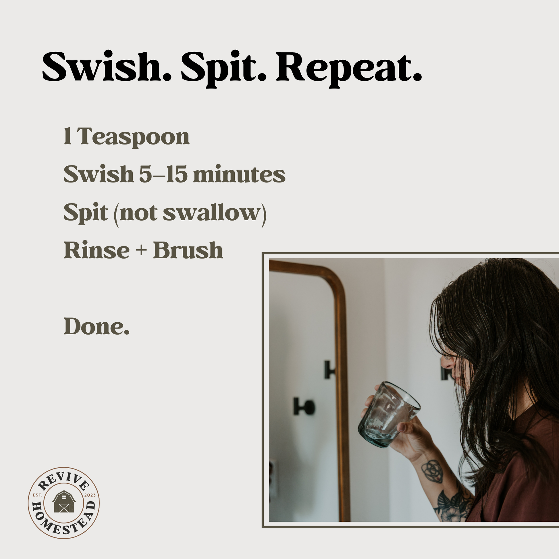 Revive Homestead oil pulling solution in a clear bottle with a dropper, designed for oral health and natural detox.