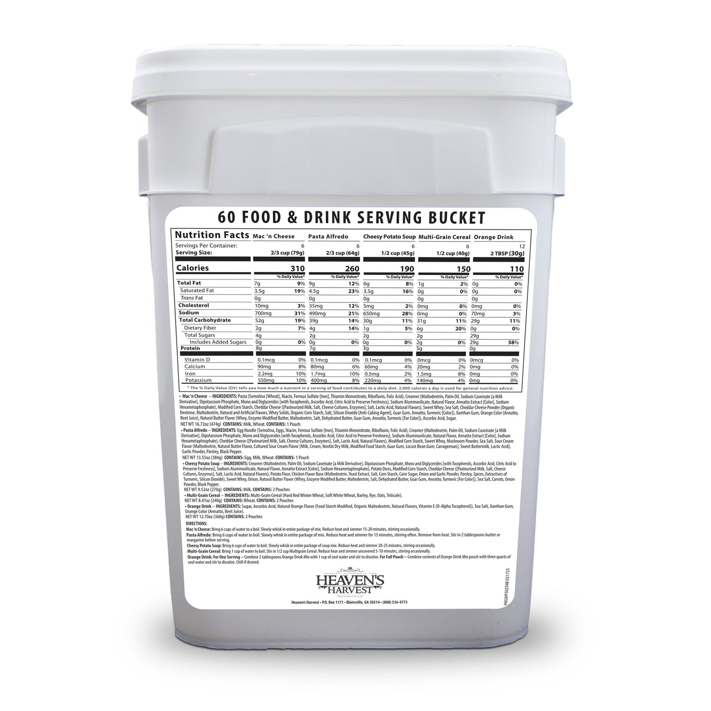Heaven's Harvest 3-week emergency survival food and drink bucket with freeze-dried meals and beverages, back view of the food kit.