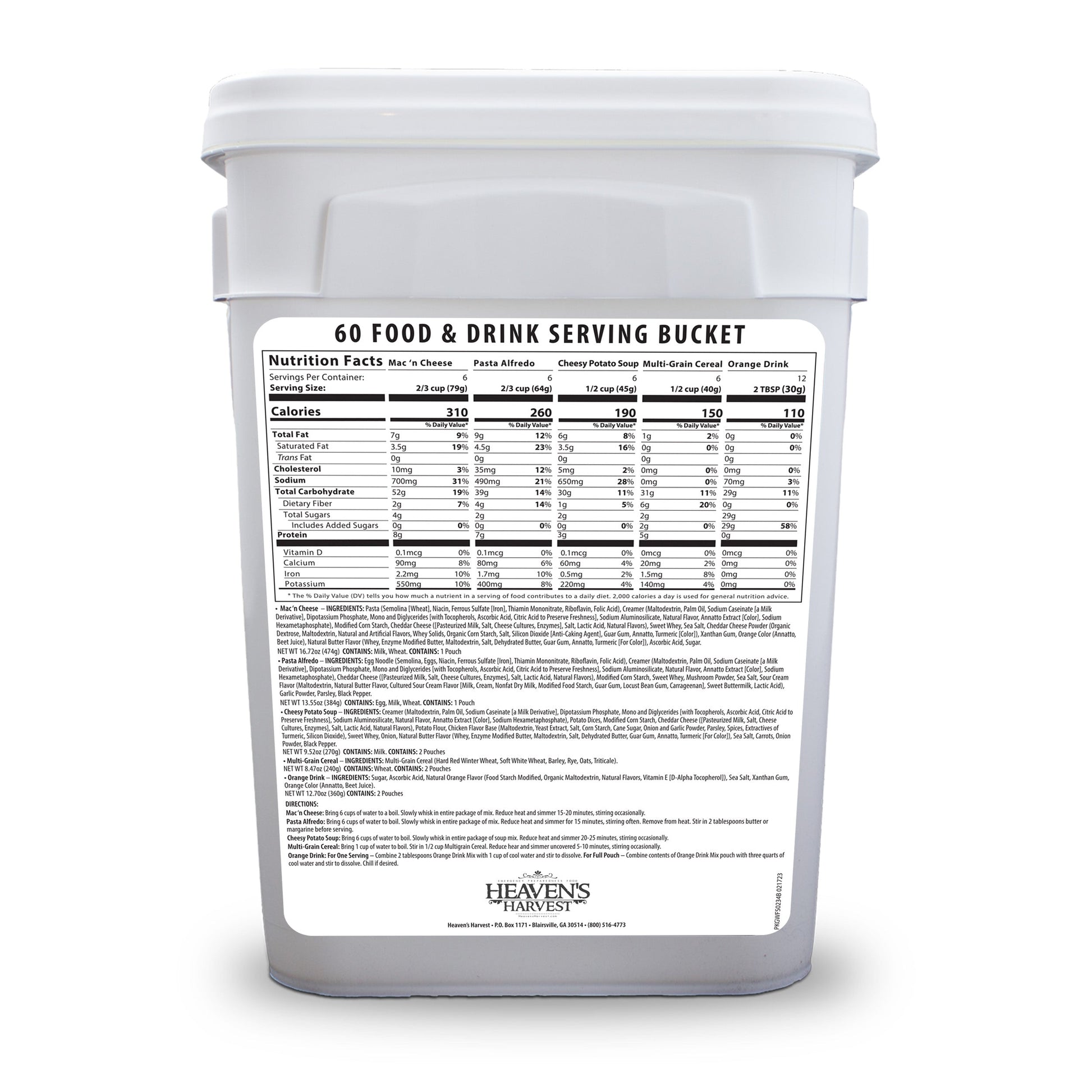 Heaven's Harvest 3-week emergency survival food and drink bucket with freeze-dried meals and beverages, back view of the food kit.