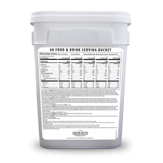 Heaven's Harvest 3-week emergency survival food and drink bucket with freeze-dried meals and beverages, back view of the food kit.