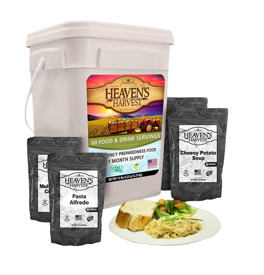 Heaven's Harvest 1-week freeze-dried food and drink survival kit in tan bucket for one person, 60 servings for emergency preparedness.