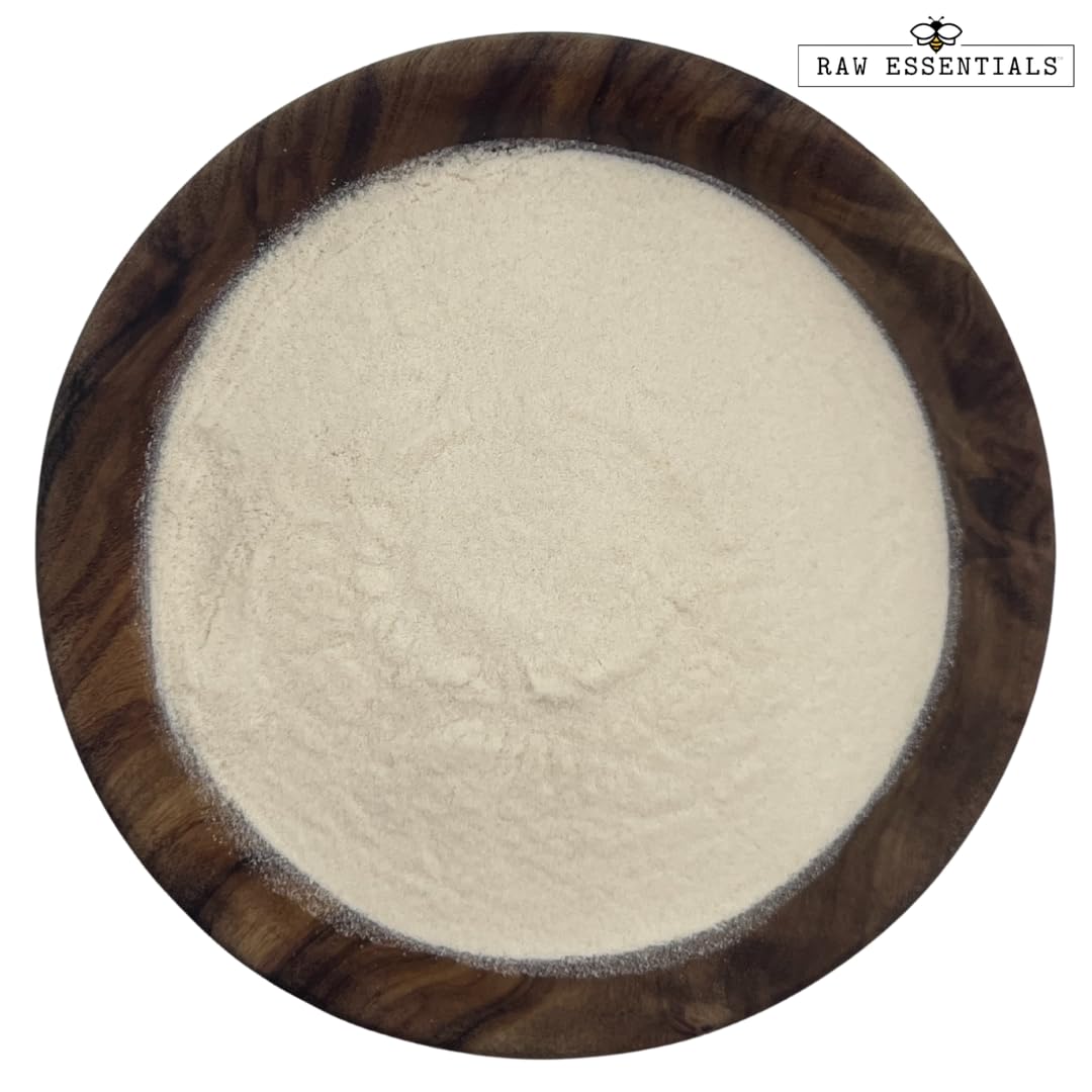 Raw Essentials Apple Cider Vinegar Powder in 8 oz bottle, tangy, slightly sweet, gluten-free, vegan, ideal for salads, dressings, soups, sauces