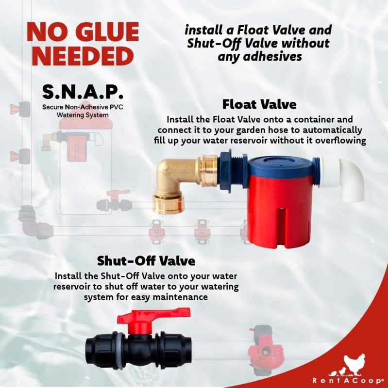 RentACoop shut-off valve kit for S.N.A.P PVC watering system, designed for chickens, poultry, and farm animals.