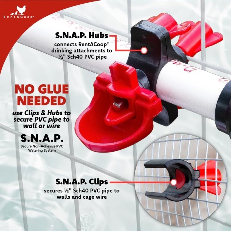 RentACoop shut-off valve kit for S.N.A.P PVC watering system, used for poultry and animals, with hose fittings and valve components.