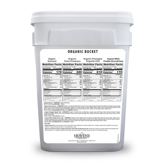Back view of three organic meal buckets from Heaven's Harvest, part of the emergency food survival kit, showing packaging and labels.