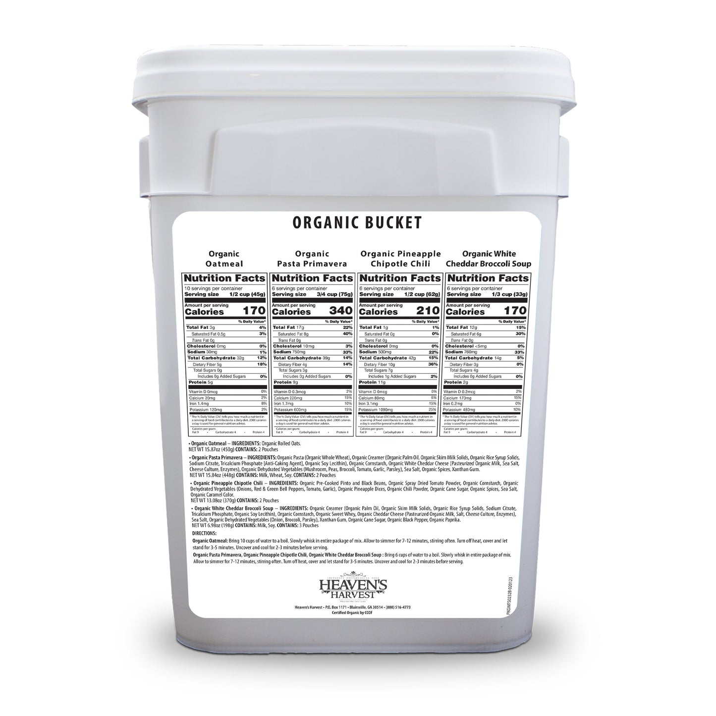 Organic Meal Bucket from Heaven's Harvest, 6-pack emergency survival food kit with sealed buckets and label details.