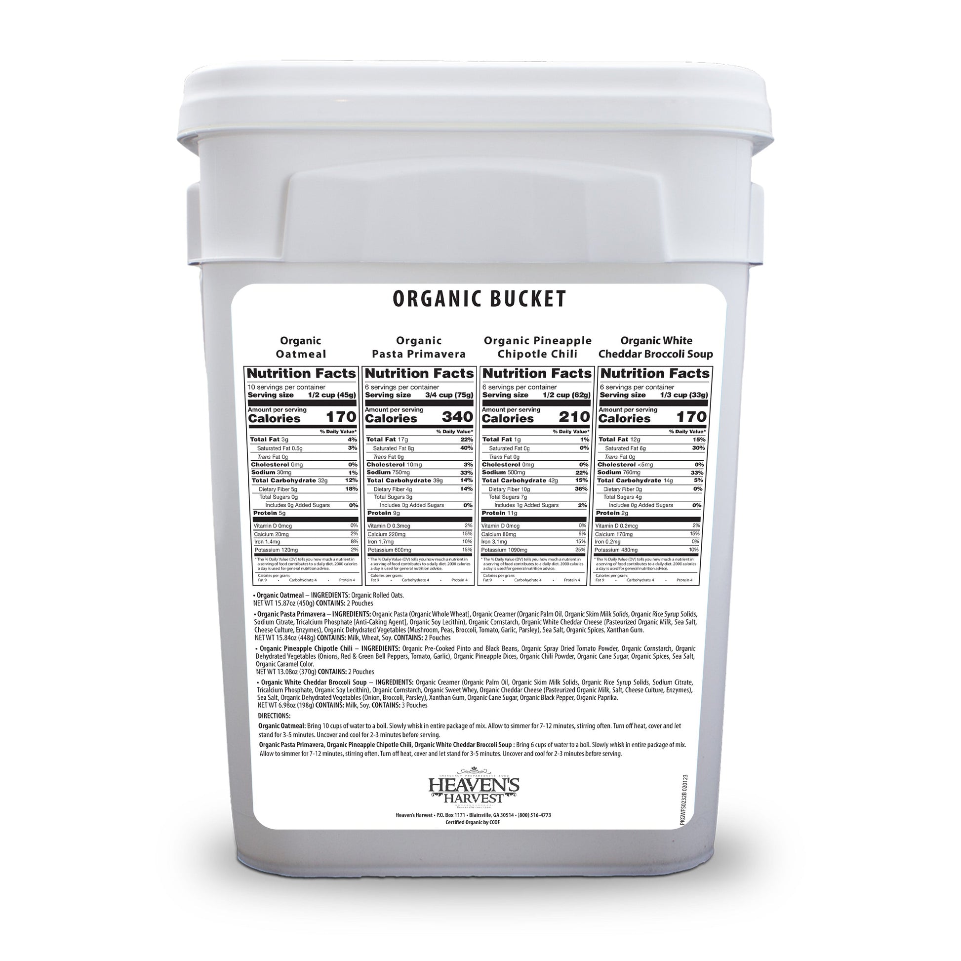 Organic Meal Bucket from Heaven's Harvest, 6-pack emergency survival food kit with sealed buckets and label details.