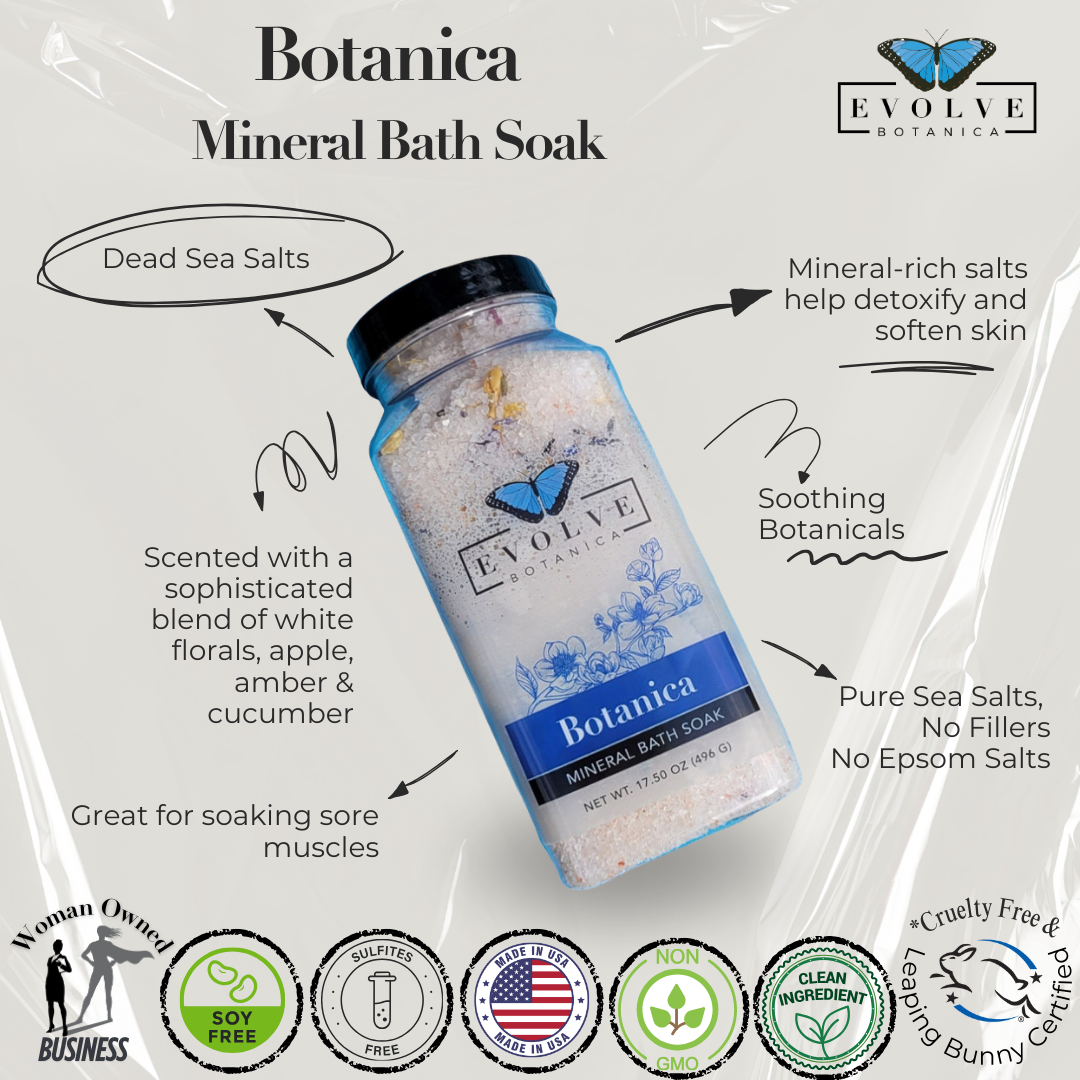 Evolve Botanica Mineral Soak bath salt in a jar with natural herbs and minerals, ideal for relaxing and soothing bath routines.