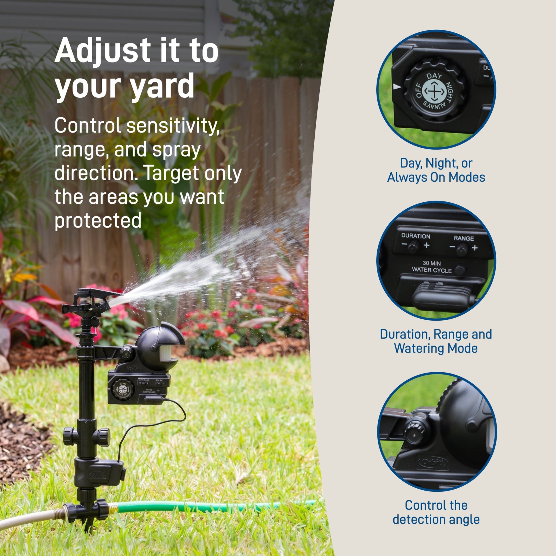 Orbit Irrigation Yard Enforcer® motion-activated sprinkler attached to garden hose, ready to water and deter pests in the yard.