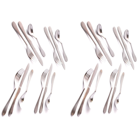 Knork Lite 24-piece flatware set including forks, knives, spoons, and dessert utensils arranged on a white background.