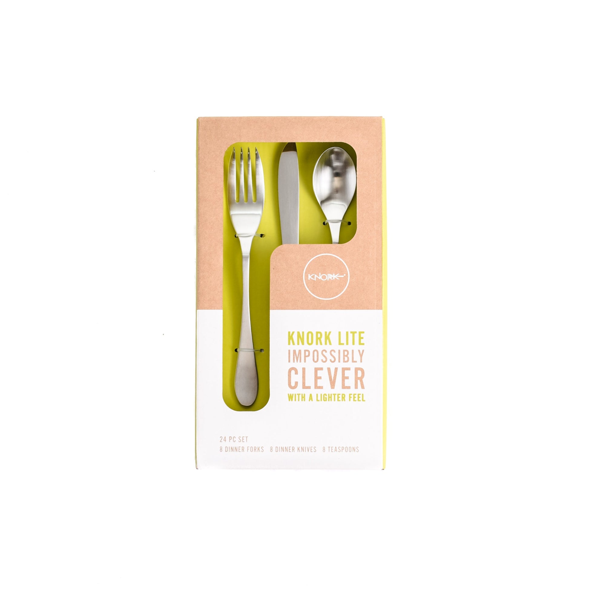 Knork Lite 24-piece flatware set with forks, knives, and spoons, featuring sleek stainless steel cutlery for everyday dining.