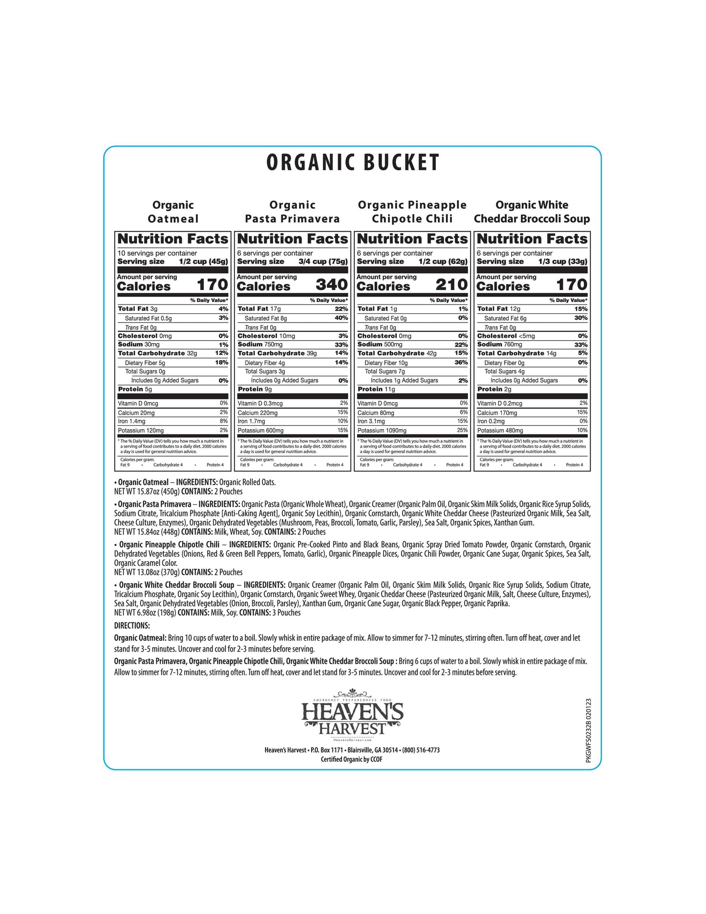 Organic Meal Bucket by Heaven's Harvest with 62 servings, showing the nutrition label for 1-week emergency survival food kit.
