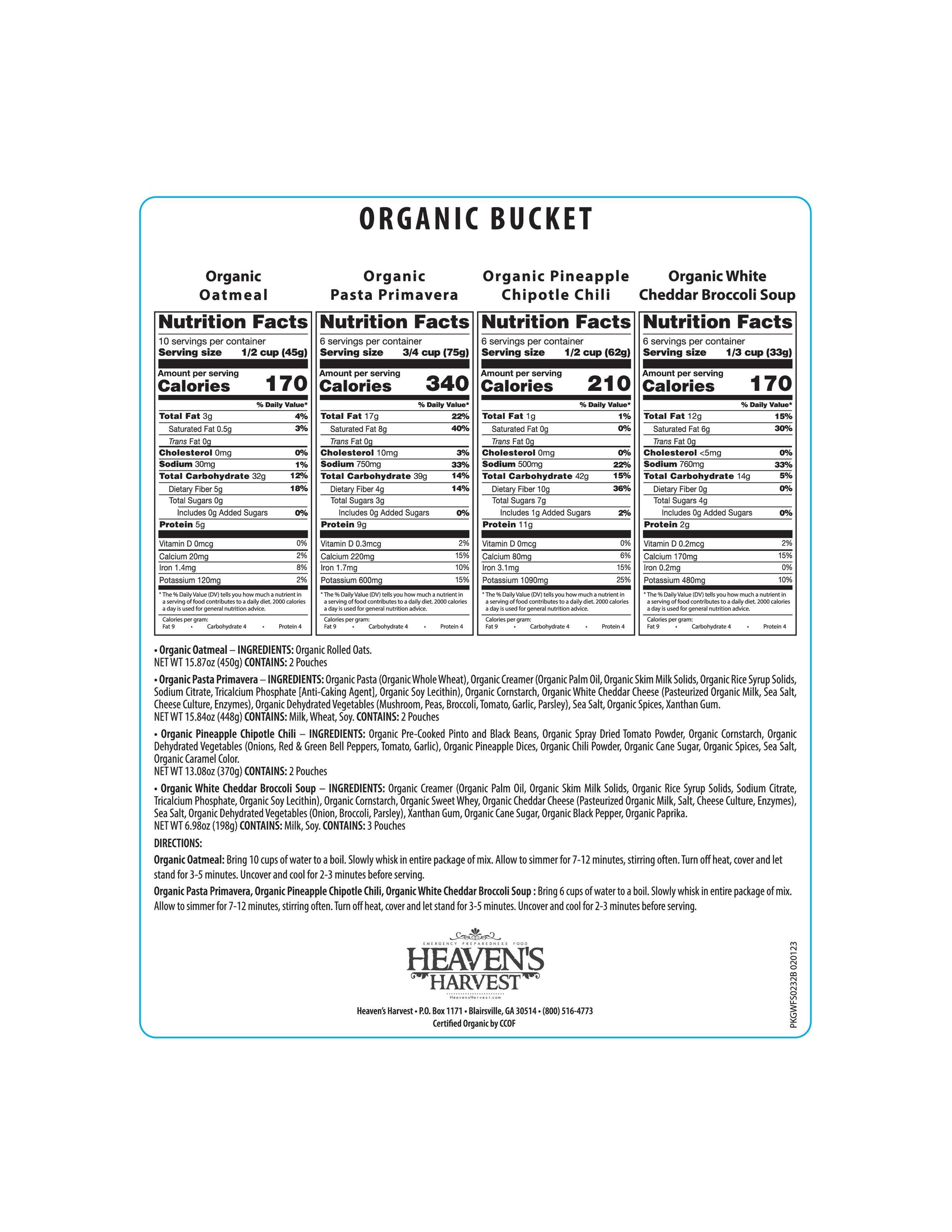 Organic Meal Bucket by Heaven's Harvest with 62 servings, showing the nutrition label for 1-week emergency survival food kit.