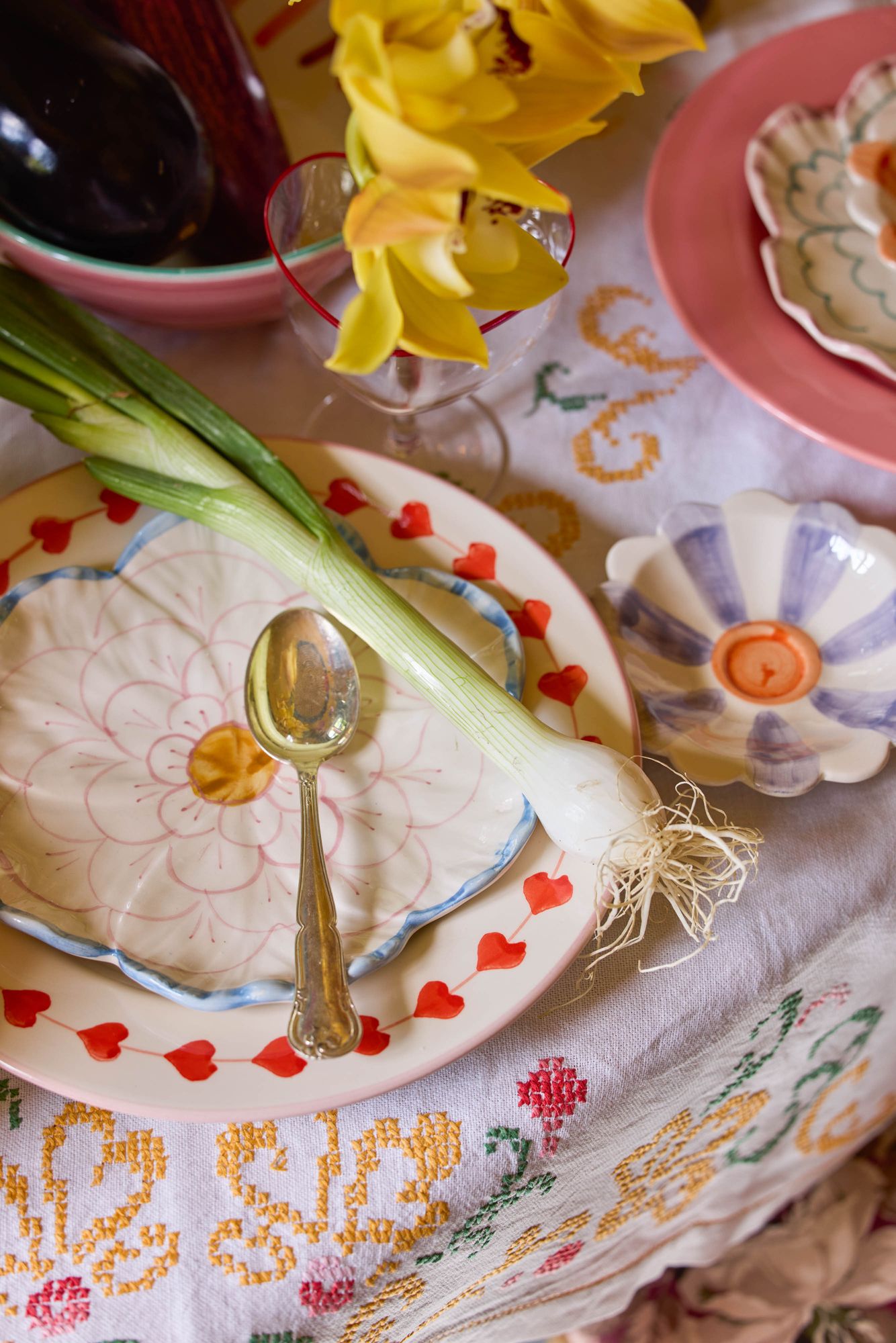 Ceramic Flower Shaped Side Plate with Blue Border
