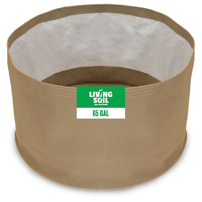 65-gallon Grassroots Fabric Pot for living soil cultivation, durable fabric container with healthy soil environment for plants.