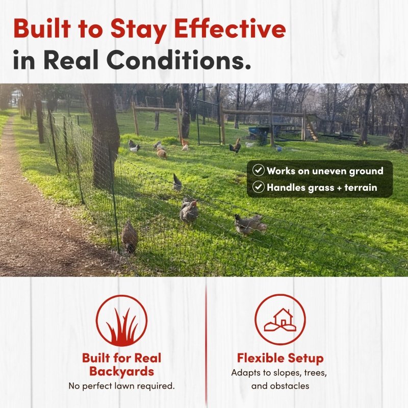 RentACoop black non-electric boundary fence for poultry, durable outdoor equipment with secure mesh panels for fencing poultry coops.