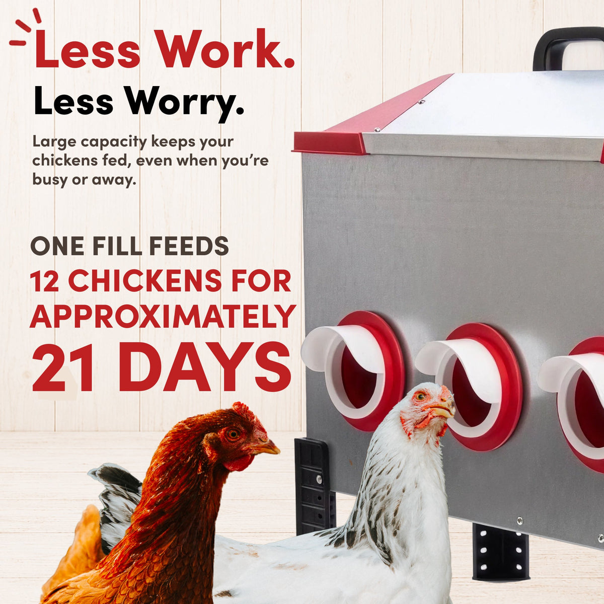 RentACoop Flock Feeder 65 6-port poultry feeder with multiple feed ports and sturdy design for backyard chicken coops.
