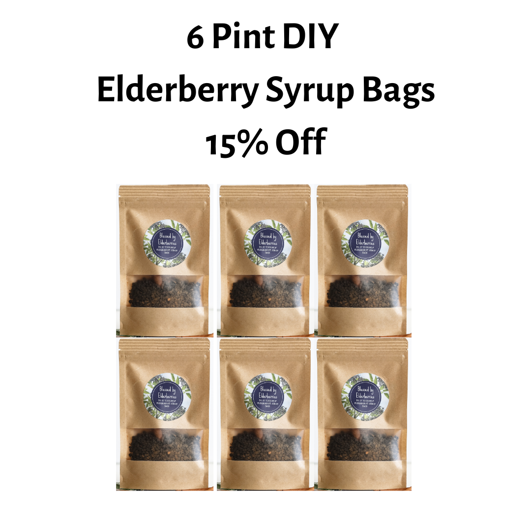 Six pint-sized bags of DIY Elderberry Syrup kit by Blessed by Elderberries, including ingredients for homemade elderberry syrup.