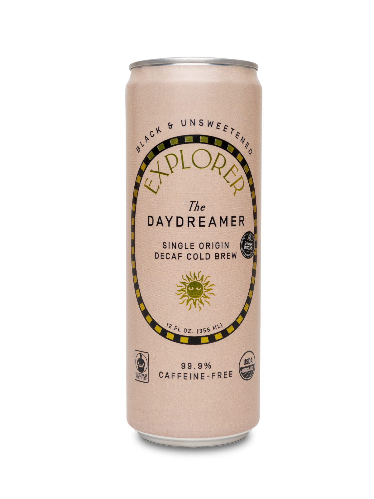 Unsweetened Explorer Cold Brew coffee 12-pack with customizable caffeine levels, featuring dark glass bottles and bold branding.