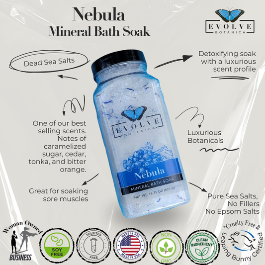 Evolve Botanica Mineral Soak Nebula bath salt in a jar, featuring colorful mineral crystals and natural botanical ingredients.