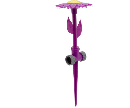 Orbit Irrigation Bloom Sunflower Sprinkler attached to garden hose, colorful sunflower-shaped hose end sprinkler for watering gardens.