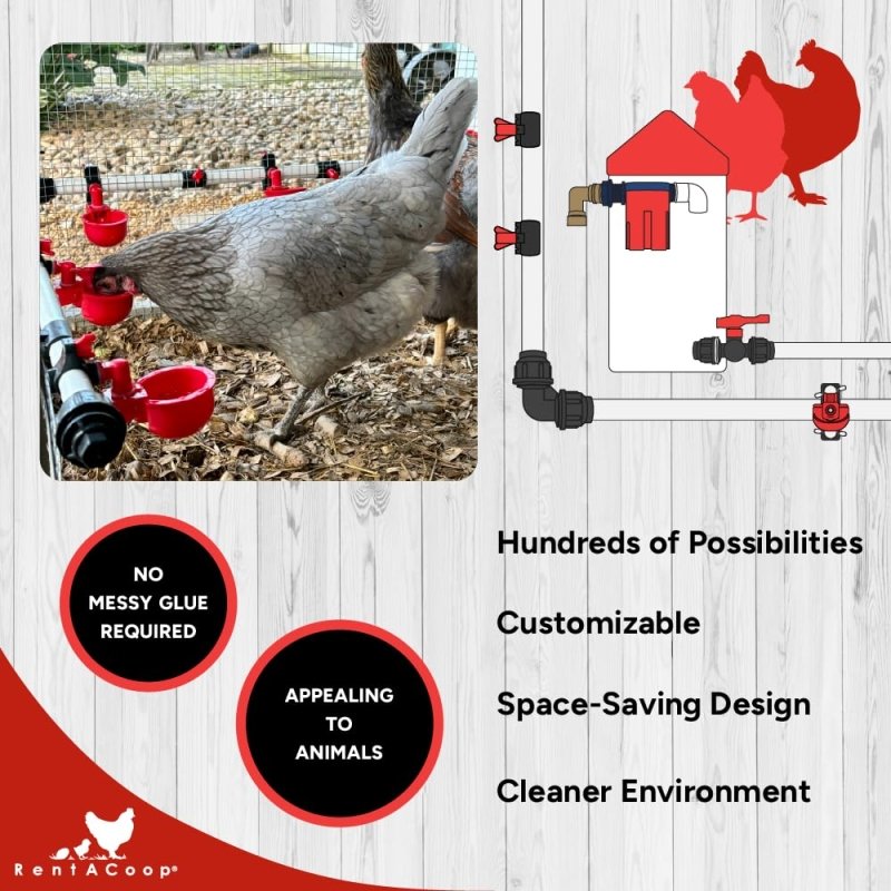 RentACoop PVC water system elbow pack for chickens, quail, and poultry, made of secure non-adhesive PVC piping.