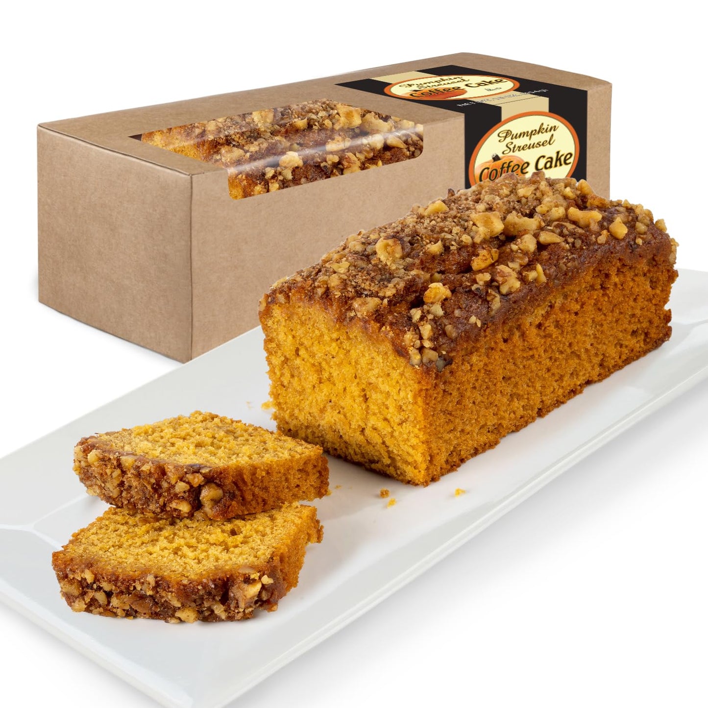 Slice of pumpkin streusel coffee cake from Beatrice Bakery, topped with crumbly streusel, in a 16 oz package.