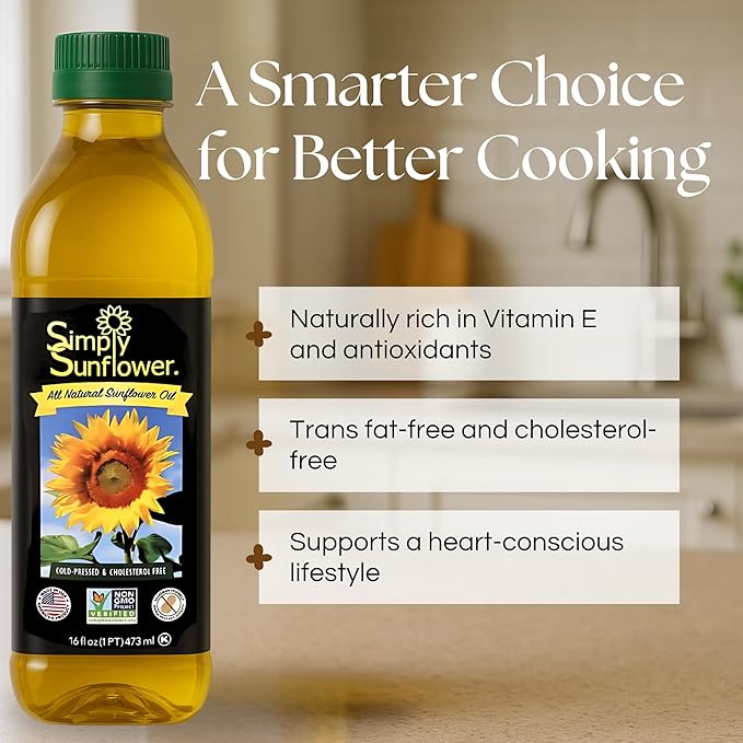 Bottle of Simply Sunflower sunflower oil, 16 oz, non-GMO, gluten-free, vegan food product with a sunflower image on the label
