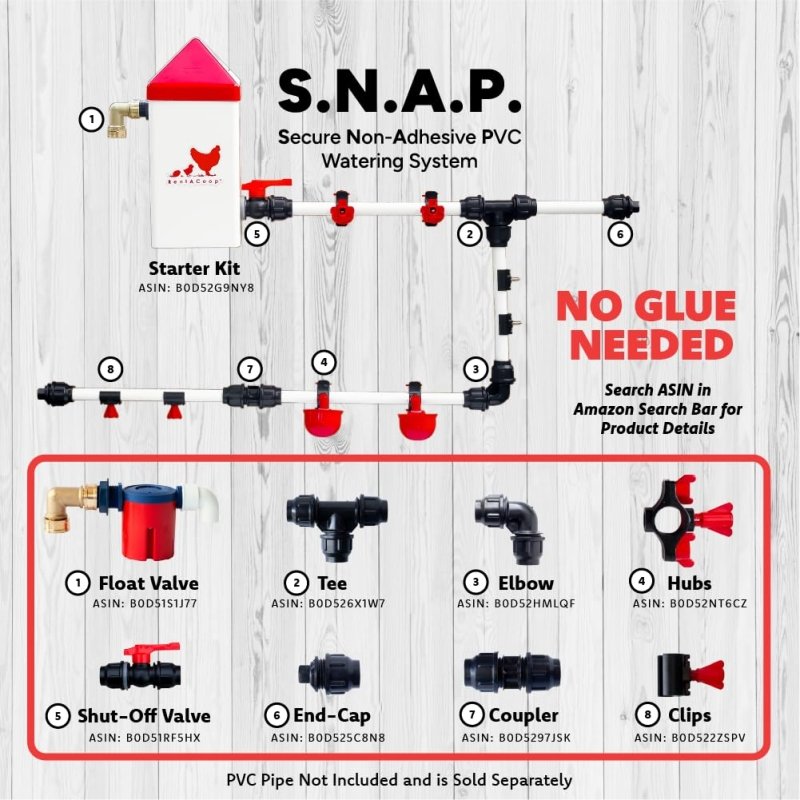 RentACoop shut-off valve kit for S.N.A.P PVC watering system, used for poultry and animals, with plastic valve and fittings.