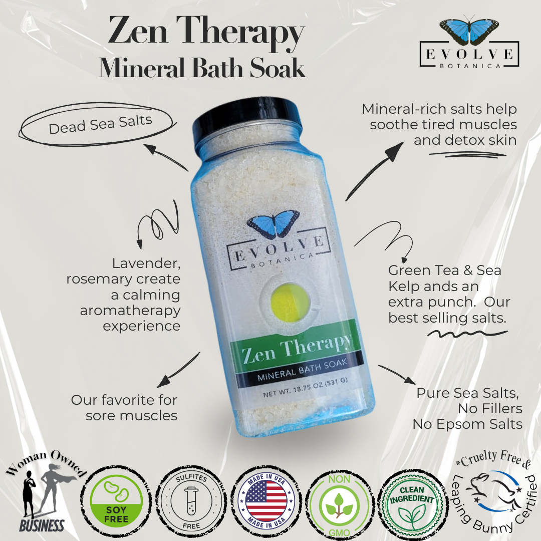 Evolve Botanica Mineral Soak Zen bath salt in a jar, with pink and white mineral crystals for relaxing bath experience.