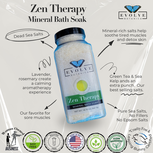 Evolve Botanica Mineral Soak Zen bath salt in a jar, with pink and white mineral crystals for relaxing bath experience.