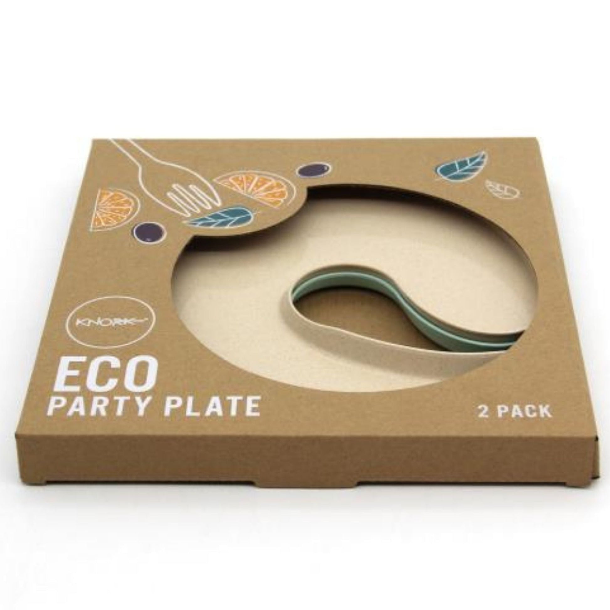 Set of two KNORK Eco Party Plates with durable, eco-friendly design, featuring a white, round surface ideal for parties and gatherings.