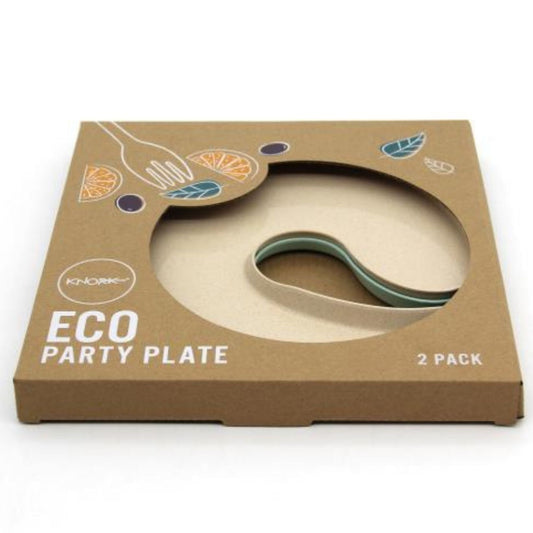 Two KNORK Eco Party Plates in a 2-pack, made from sustainable materials, featuring a clean, modern design for eco-friendly parties.