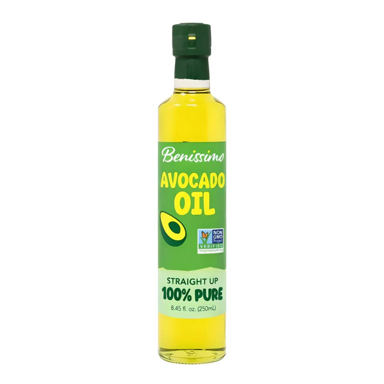 Benissimo Non-GMO Avocado Oil from Hongar Farms in a 250mL bottle, featuring a clear label and golden-yellow oil inside.