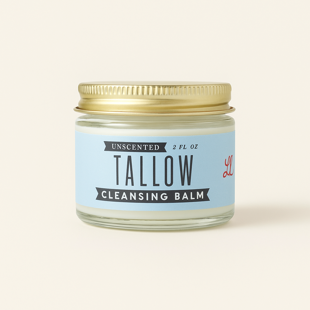 Unscented tallow cleansing balm by The Lady May, featuring natural grass-fed beef tallow and castor oil for deep cleansing and moisturizing.